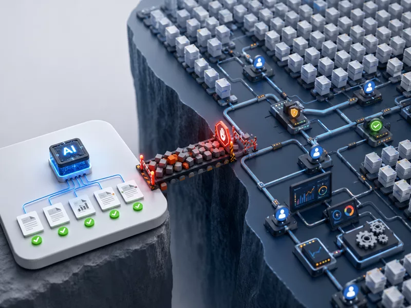 A small AI pilot tile linked by a fragile bridge to a vast complex production system