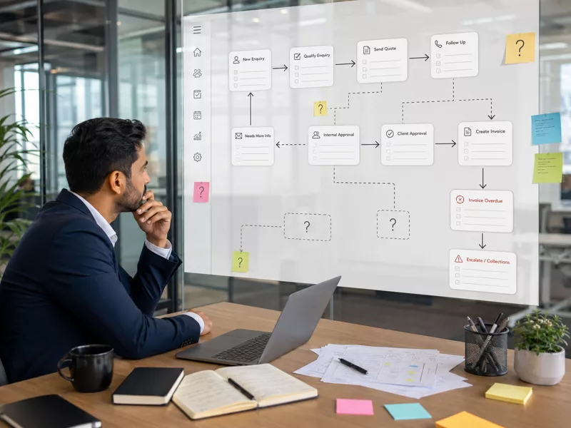 Person studying a process flowchart dotted with unanswered question marks